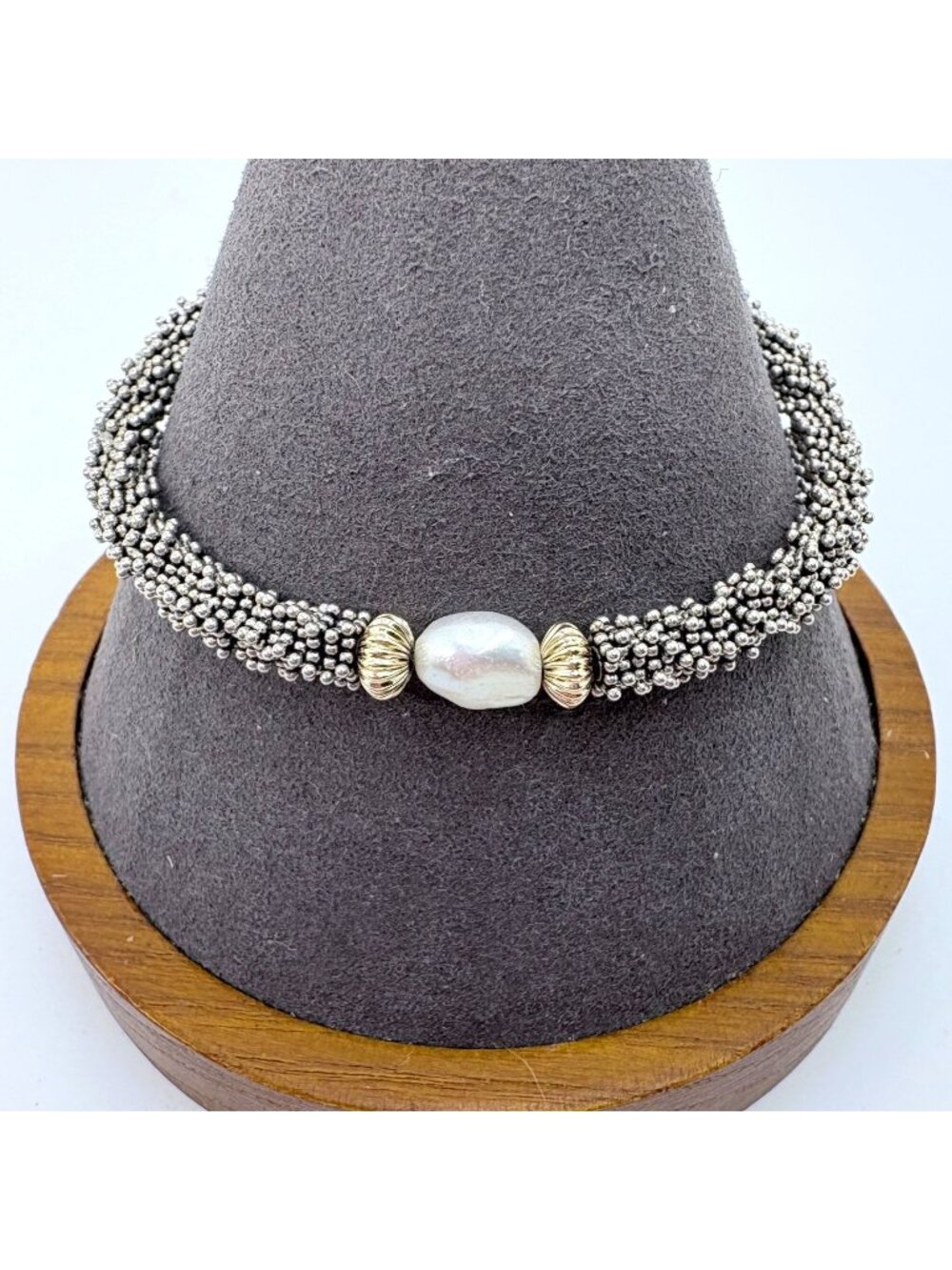 Two Tone Sterling Silver 925 Freshwater Pearl Beaded Bracelet Size 6.5" Length